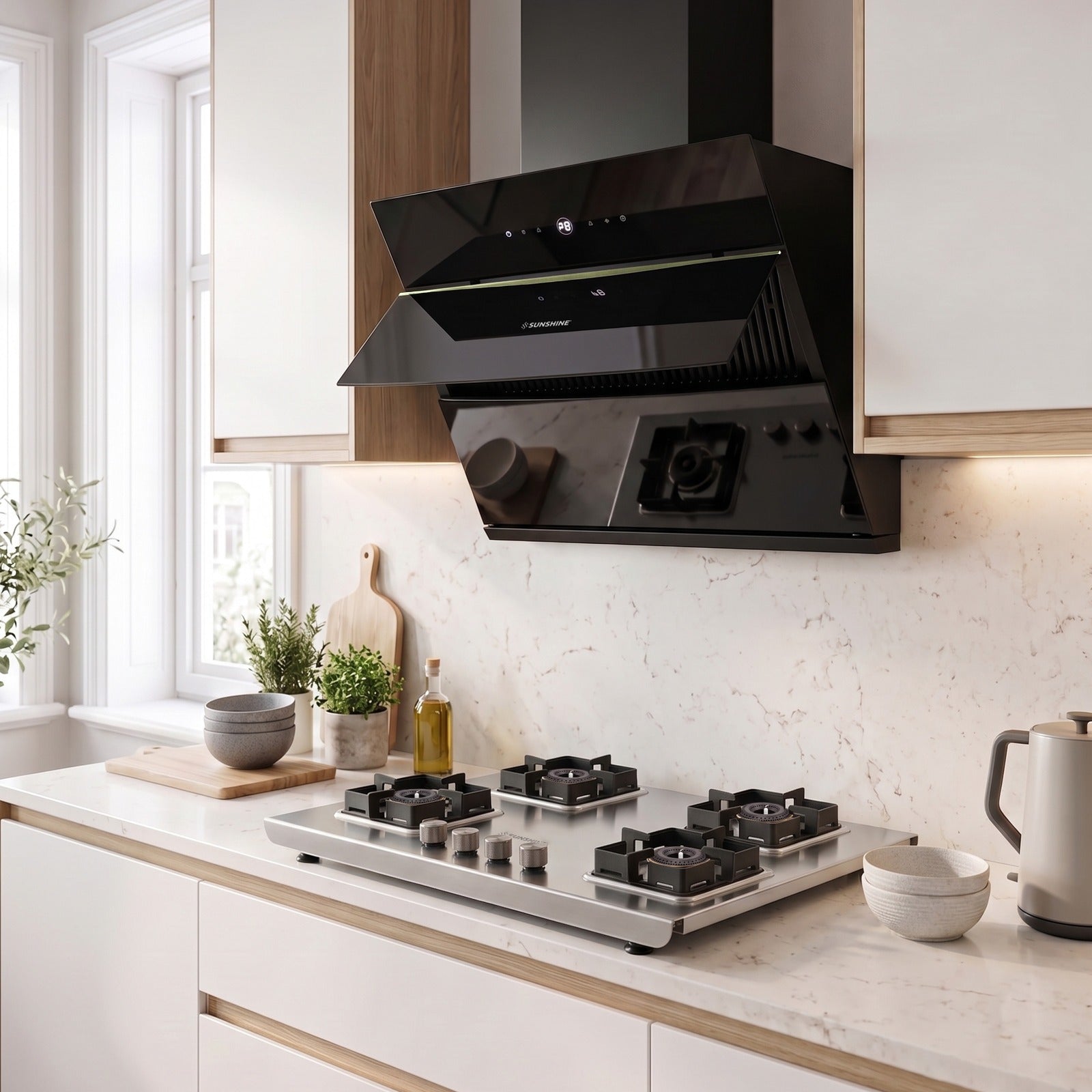 Sunshine Osaka 4 Burner Gas Stove | 10-year warranty on Burners & Valve | 2mm Stainless Steel |SABAF Valves | Matt Finish in a Kitchen Setup