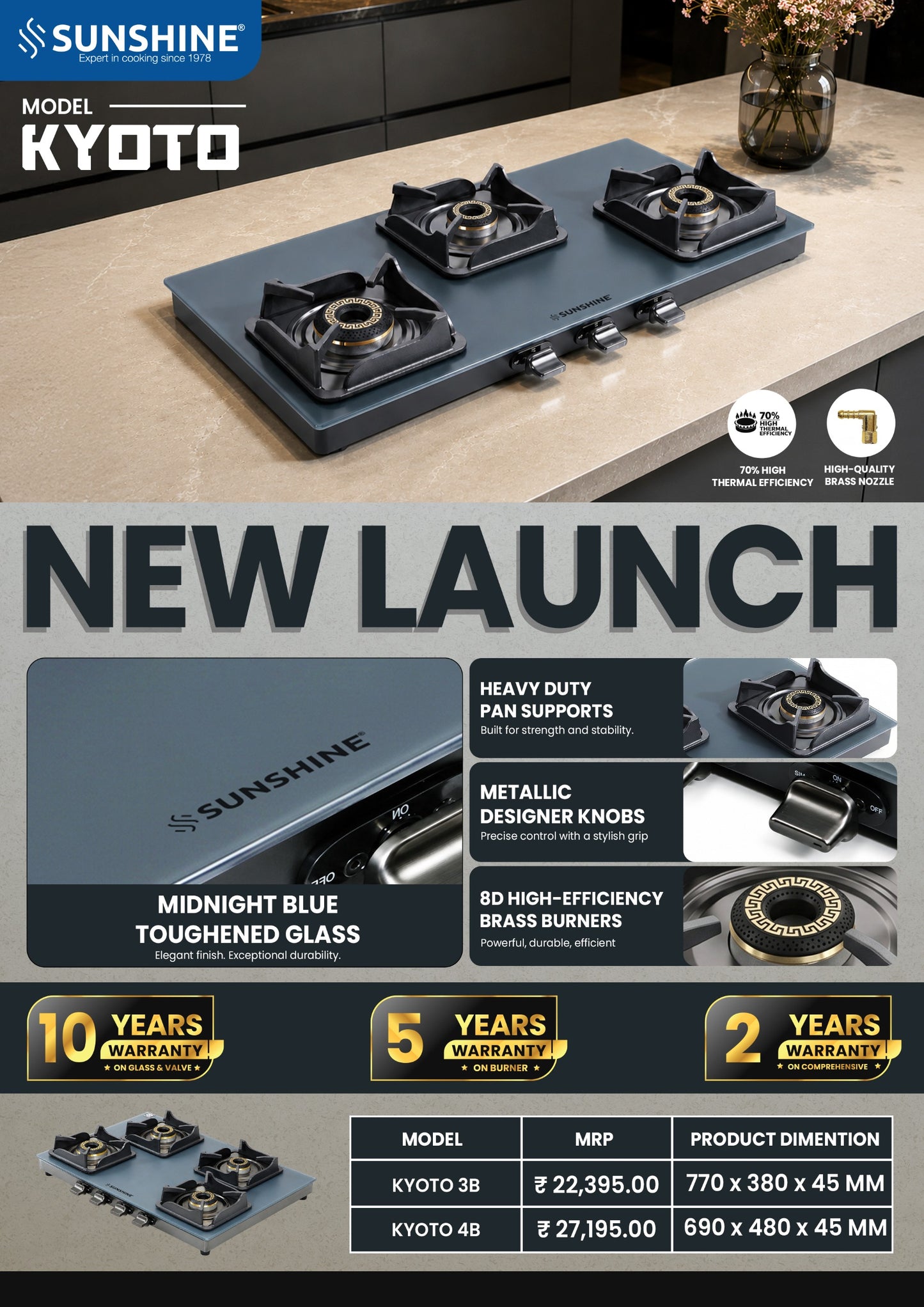 Kyoto Gas Stove | Midnight Blue Matt Finish | SABAF Italian Valves | 3 & 4 Burner
