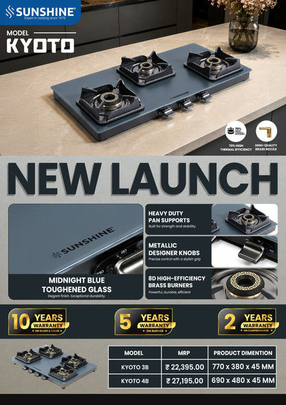 Kyoto Gas Stove | Midnight Blue Matt Finish | SABAF Italian Valves | 3 & 4 Burner