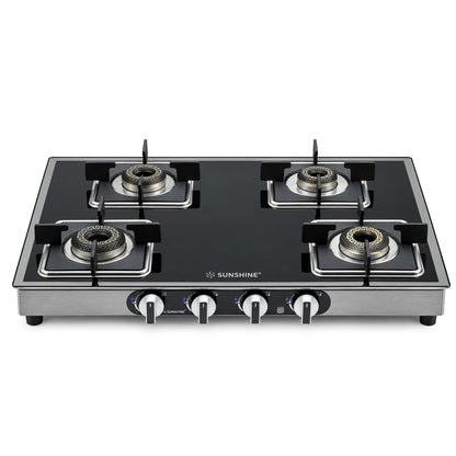 Arrow 4 Burner Gas Stove | Glass Top | 8D Brass Burner