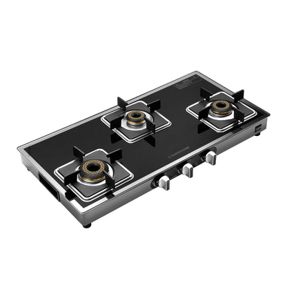Arrow 3 Burner Gas Stove | Brass Burner | 5-year Warranty - Glass & Burner
