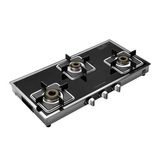 Arrow 3 Burner Gas Stove | Brass Burner | 5-year Warranty - Glass & Burner