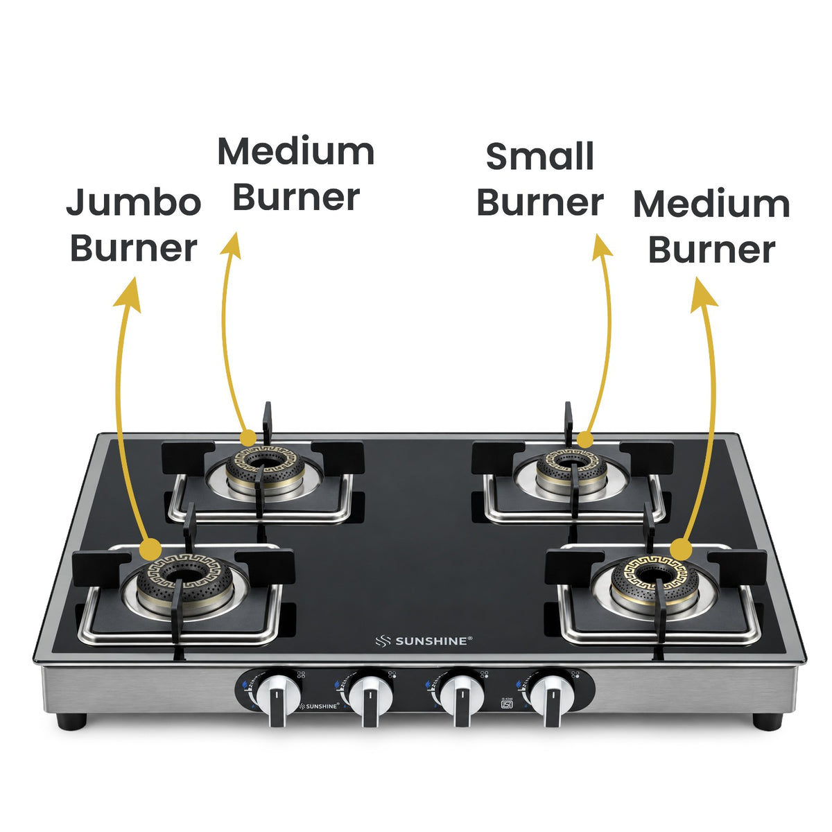 Arrow 4 Burner Gas Stove | Glass Top | 8D Brass Burner