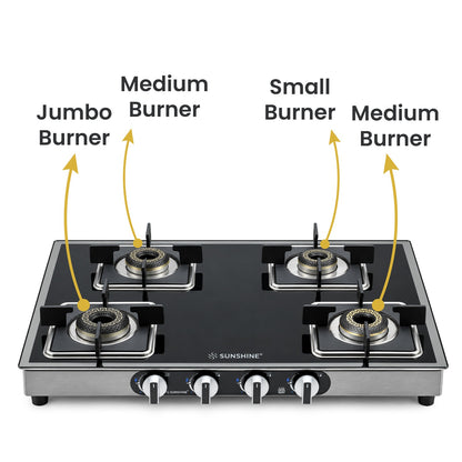 Arrow 4 Burner Gas Stove | Glass Top | 8D Brass Burner