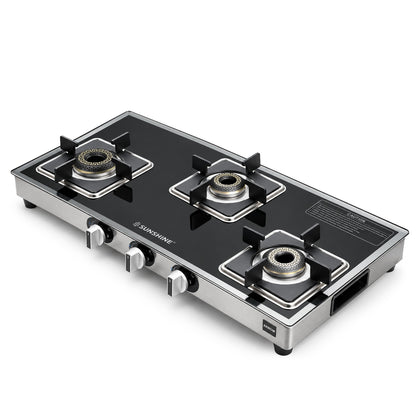Arrow 3 Burner Gas Stove | Brass Burner | 5-year Warranty - Glass & Burner