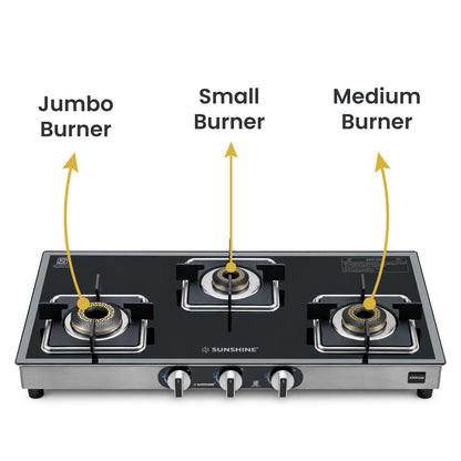 Arrow 3 Burner Gas Stove | Brass Burner | 5-year Warranty - Glass & Burner