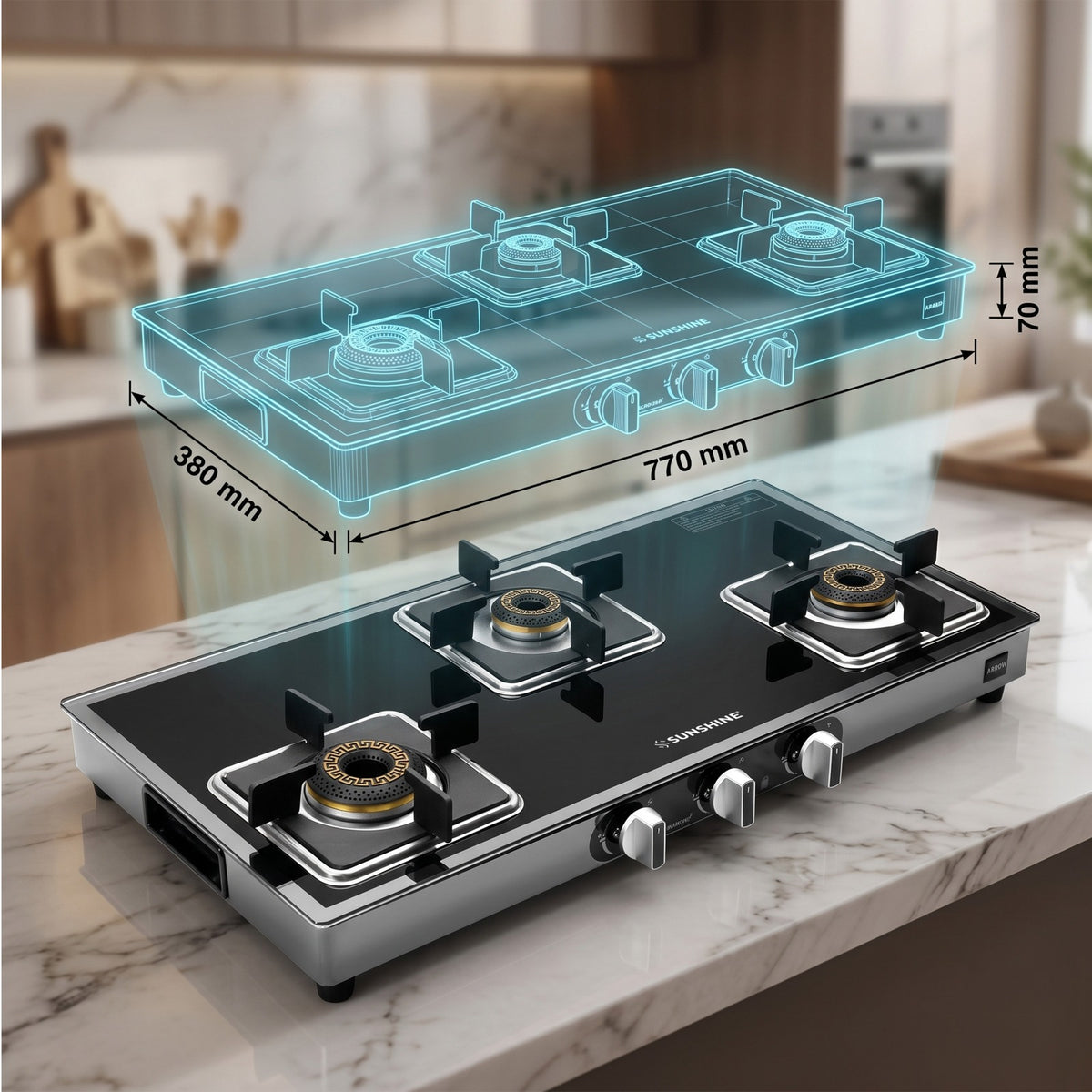 Arrow 3 Burner Gas Stove | Brass Burner | 5-year Warranty - Glass & Burner