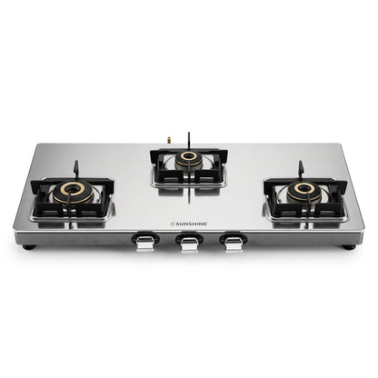 Cosmic Metal 3 Burner Gas Stove – Honeycomb Steel Finish, Brass Burners
