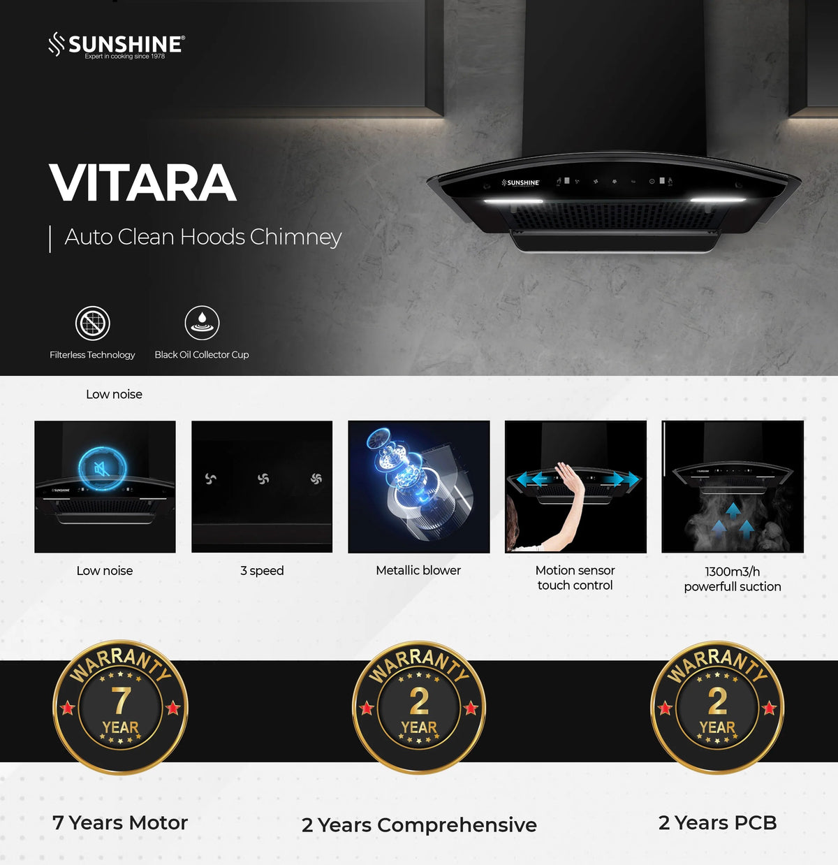 Sunshine Vitara 60CM Chimney - 1300 m3/h | Filterless Auto Clean | Wall Mounted
